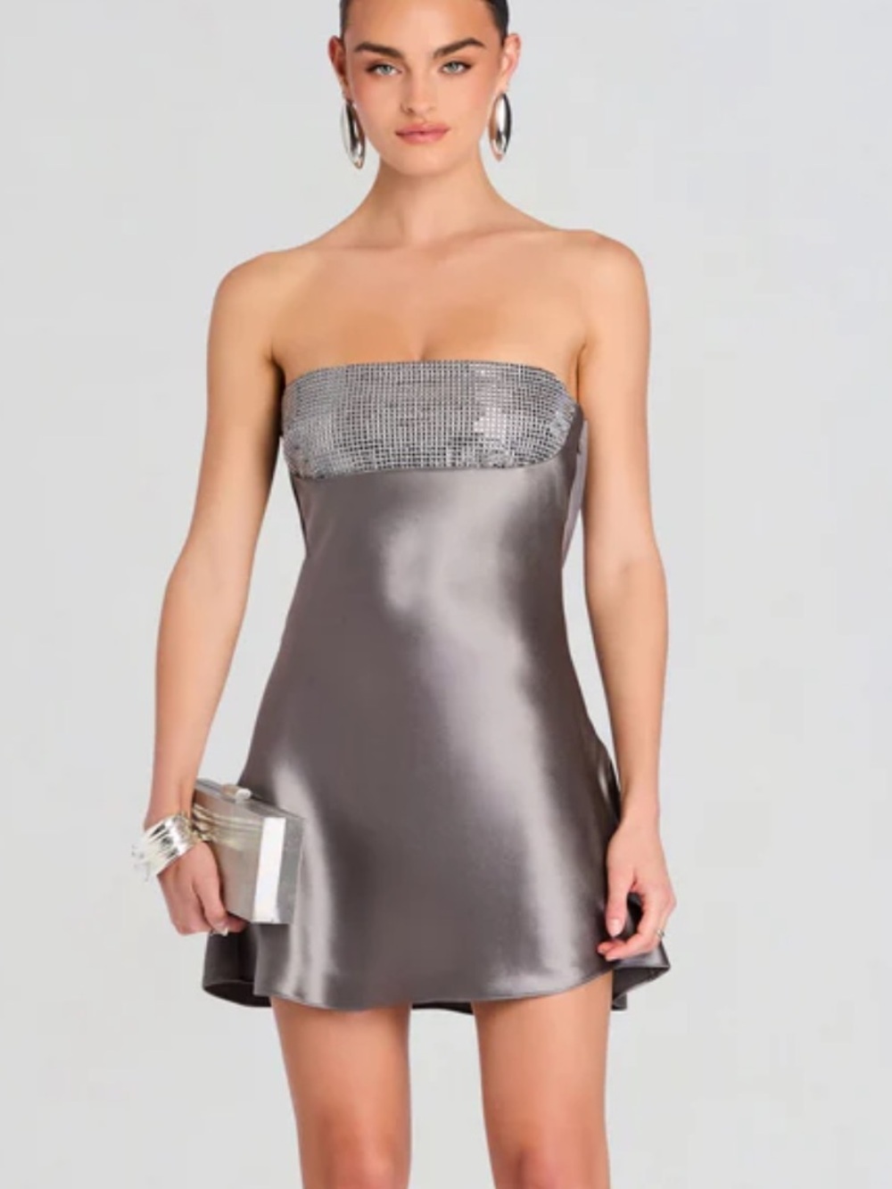 Retrofete Lois embellished Strapless Silver Satin Mini Dress crystal draped Sz S